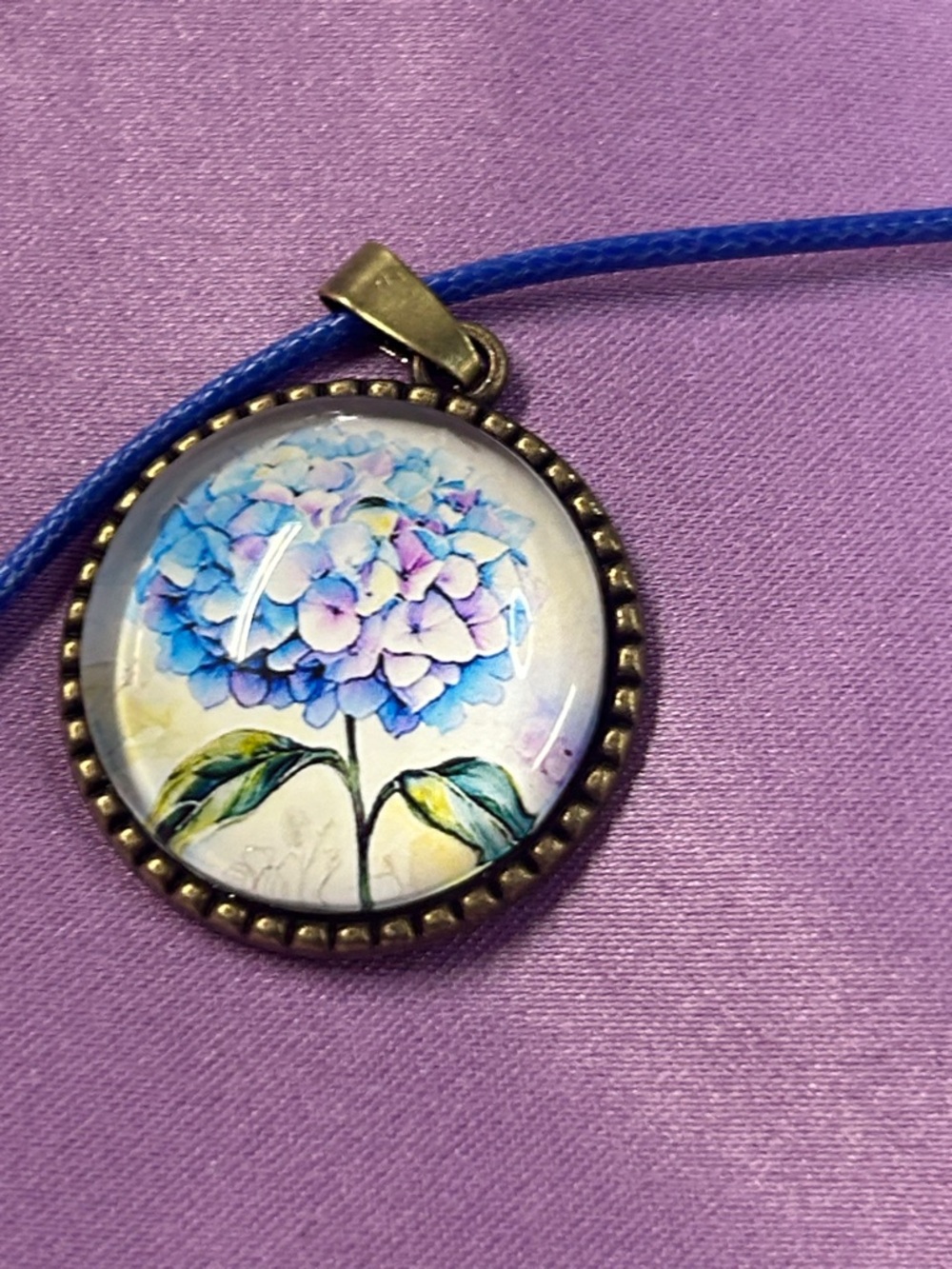 Blue Hydrangea Floral Glass 1 inch Pendant Necklace - Women Jewelry